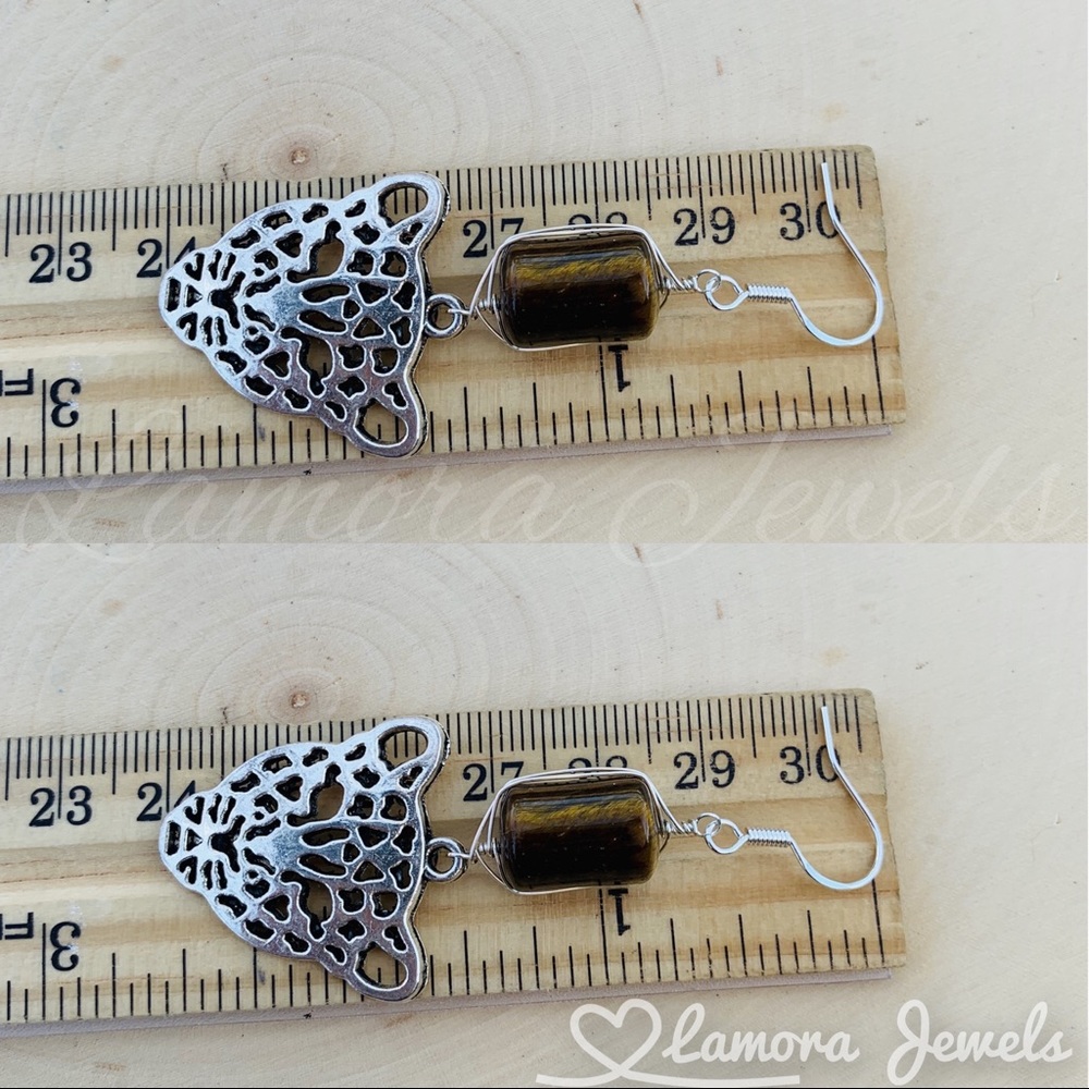 Tiger eye gemstone charm silver dangle earrings
